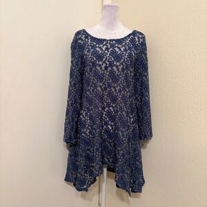 Tianello y2k Sheer Blue Floral Lace Flowy Tunic Long Top Fairy Boho Long Sleeve